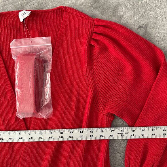Cabi Caberet Red Ribbed Sweater Cardigan Belted Women's MEDIUM Puff Sleeve - Picture 5 of 6